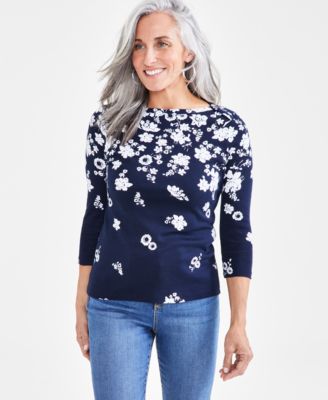 Style & Co - Petite Raining Flower Cotton 3/4-Sleeve Top