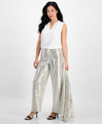 AK Anne Klein - Petite Pull-On Wide-Leg Sparkle Pants