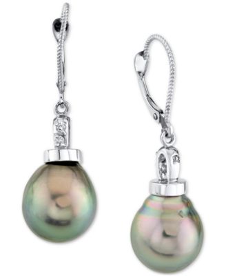 Macy's - Cultured Tahitian Pearl (11mm) & Diamond Accent Leverback Drop Earrings in 14k White Gold