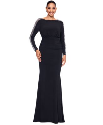 Betsy & Adam - Women's Beaded-Sleeve Ruched Gown