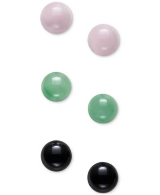 Macy's - 3-Pc. Set Rose Quartz, Dyed Green Jade, & Onyx Stud Earrings in Sterling Silver