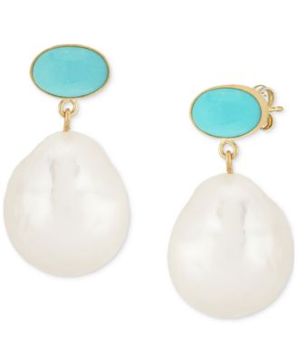 Macy's - Turquoise & Freshwater Baroque Pearl (12mm) Drop Earrings in 14k Yellow Gold