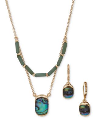 Anne Klein - Gold-Tone 2-Pc. Set Green Stone Layered Necklace & Matching Drop Earrings