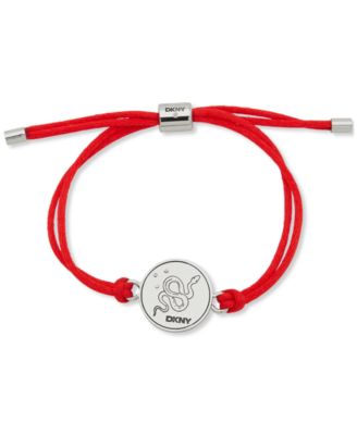 DKNY - Silver-Tone Pav&eacute; Snake Coin Red Cord Slider Bracelet