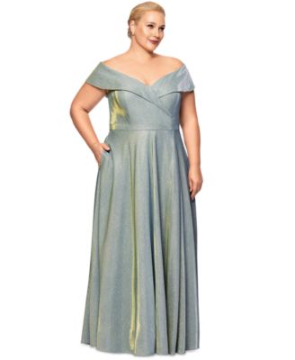 XSCAPE - Plus Size Draped Off-The-Shoulder Metallic Gown