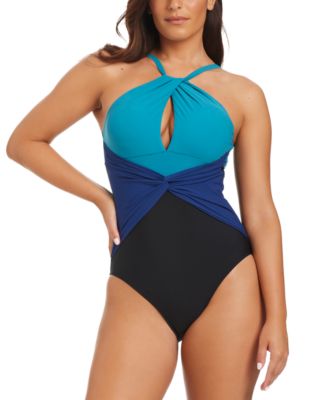 Beyond Control - Women's Coastal Colorblock Twisted Halter One-Piece Swimsuit