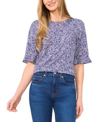 CeCe - Women's Printed Ruffle-Cuff Crewneck Knit Top