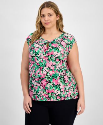 Kasper - Plus Size Floral Keyhole-Neck Cap-Sleeve Top
