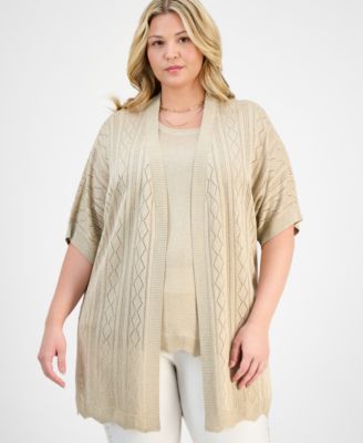 JM Collection - Plus Size Metallic Shine Pointelle Cardigan Sweater