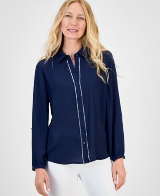 JM Collection - Women's Solid-Color Embellished Button Blouse