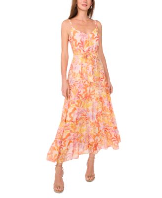 MSK - Women's Printed-Chiffon Tie-Waist Tiered Maxi Dress