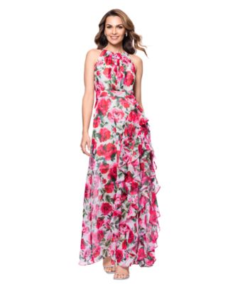 B&A By Betsy and Adam - Women's Floral Print Ruffled Sleeveless Gown