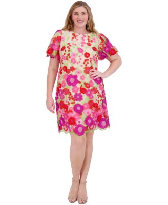 Eliza J - Plus Size 3D Embroidered-Florals Puff-Sleeve Dress