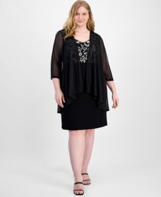 Connected - Plus Size Metallic Embroidered Dress & Mock Jacket
