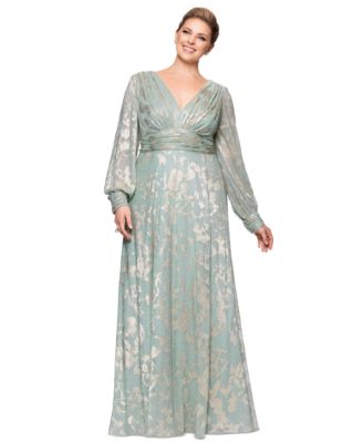 Betsy & Adam - Plus Size V-Neck Foil Mesh A-Line Dress