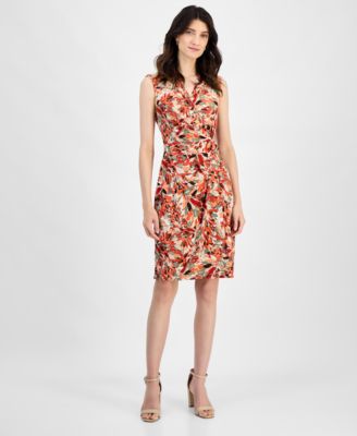 Kasper - Women's Printed O-Ring Sleeveless Faux-Wrap Dress