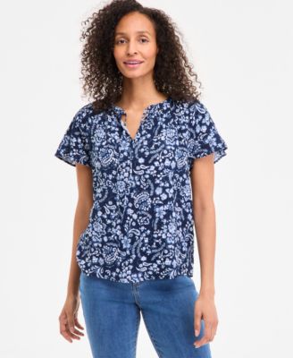 Style & Co - Petite Paisley Bloom Flutter-Sleeve Popover Top
