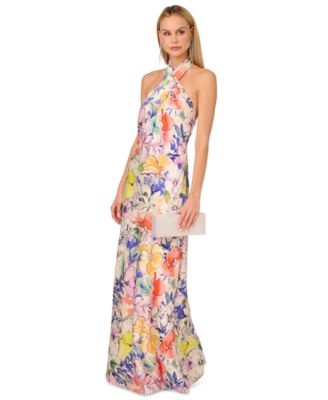 Adrianna - Women's Printed Crossover-Neck Satin Gown
