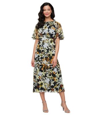 SL Fashions - Women's Printed Chiffon Boat-Neck A-Line Dress