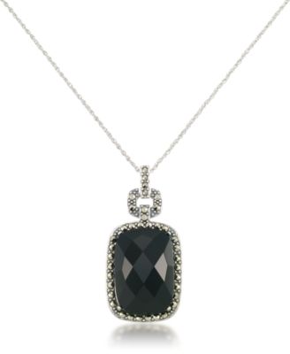 Macy's - Marcasite and Faceted Onyx Square Pendant+18" Chain in Sterling Silver