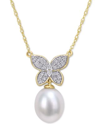 Macy's - Cultured Freshwater Pearl (9mm) & Diamond (1/5 ct. t.w.) Butterfly 17" Pendant Necklace in 10k Gold