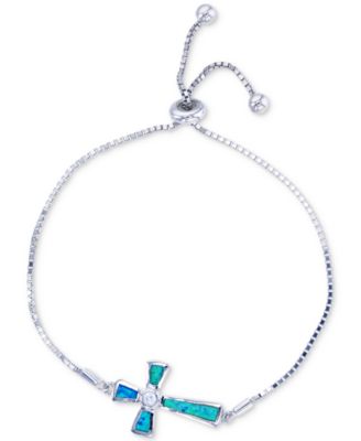 Macy's - Lab-Created Blue Opal Cross Bolo Bracelet in Sterling Silver