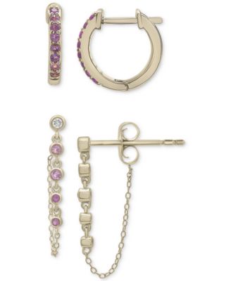 Macy's - 2-Pc. Set Amethyst (1/4 ct. t.w.) Hoop & Pink Amethyst (1/10 ct. t.w.) & Lab-grown White Sapphire (1/20 ct. t.w.) Drop Earrings in 14k Gold-Plated Sterling Silver