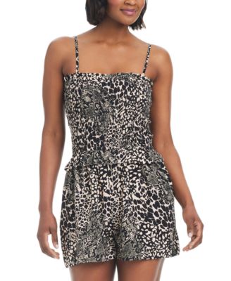 Bar III - Women's Printed Smocked-Top Cover-Up Romper