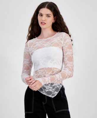 Just Polly - Juniors' Asymmetrical-Hem Lace Top