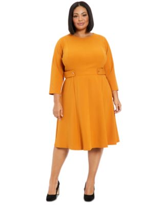 London Times - Plus Size 3/4-Sleeve Tab-Waist Fit & Flare Dress