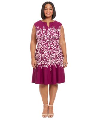 London Times - Plus Size Printed Split-Neck Fit & Flare Dress
