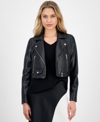 Anne Klein - Women's Faux Leather Cropped Moto Jacket