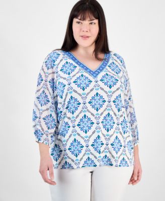 JM Collection - Plus Size Embellished V-Neck 3/4-Sleeve Top