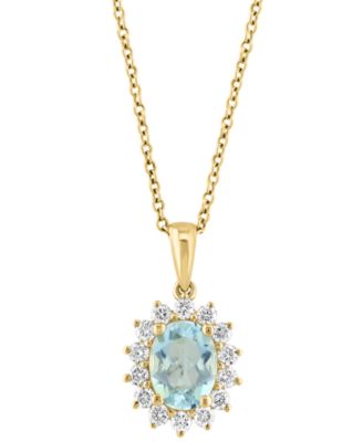 EFFY Collection - Aquamarine (1 ct. t.w.) & Diamond (1/3  ct. t.w.) Oval Halo 18" Pendant Necklace in 14k Gold