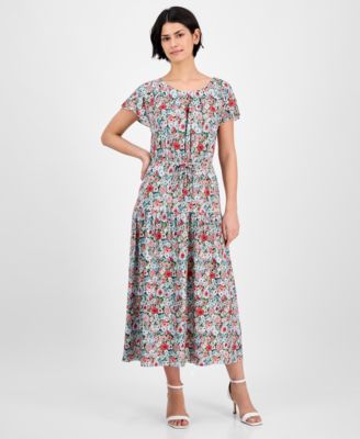Nautica Jeans - Women's Floral-Print Flutter-Sleeve Maxi Dress