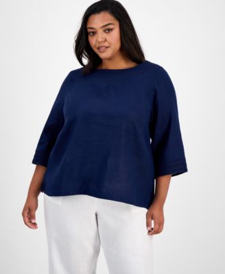 Charter Club - Plus Size Boat-Neck Ladder-Trim Linen Top