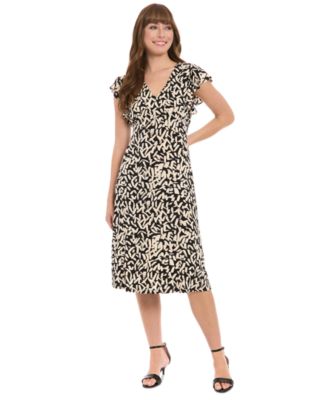 London Times - Petite Printed Flutter-Sleeve Fit & Flare Dress