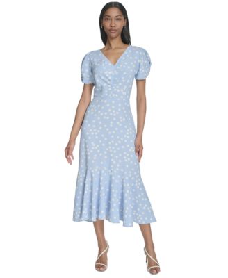 Halston - Women's Dot-Print Ruched-Front Midi Dress