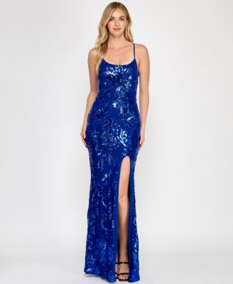 Crystal Doll - Juniors' Floral Sequined Sleeveless Gown