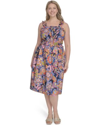 Eliza J - Plus Size Cotton Floral Smocked-Waist Midi Dress