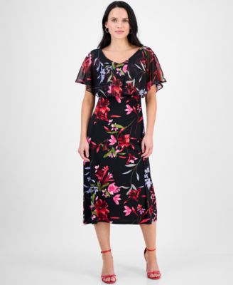 Connected - Petite Printed Cape-Overlay Midi Dress