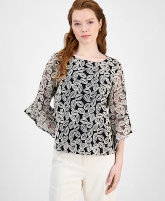 Kasper - Women's Embroidered Ruffle-Sleeve Blouse