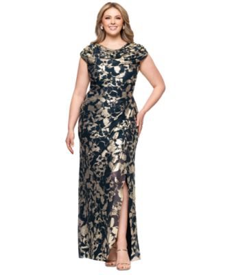Betsy & Adam - Plus Size Metallic Print Cowlneck Gown