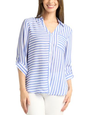 BCX - Juniors' Striped Button-Front 3/4-Sleeve Shirt
