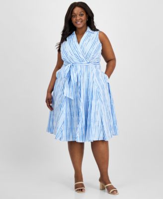 Tahari ASL - Plus Size Cotton Striped Faux-Wrap Shirtdress