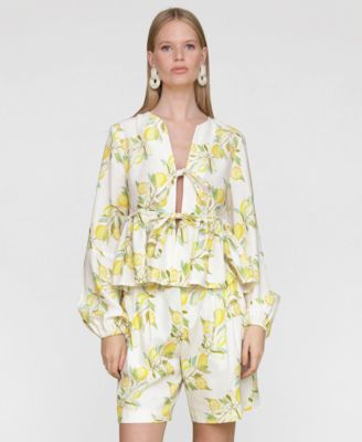 Avec Les Filles - Women's Printed Tie-Front Balloon-Sleeve Blouse