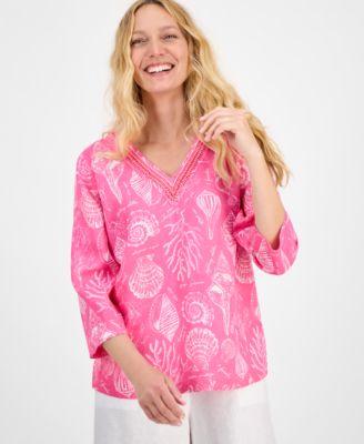 Charter Club - Women's Printed 100% Linen Embellished Top, Exclusively at Macy's