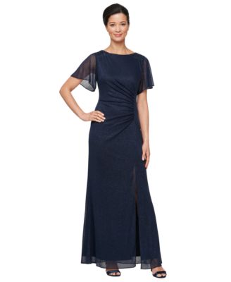 SL Fashions - Petite Flutter-Sleeve Embellished Glitter Gown