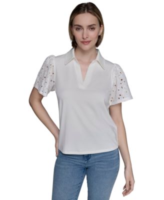 KARL LAGERFELD PARIS - Women's Mixed-Media Eyelet Knit Top