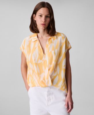 Calvin Klein - Women's Printed Chiffon Faux-Wrap Cap-Sleeve Top